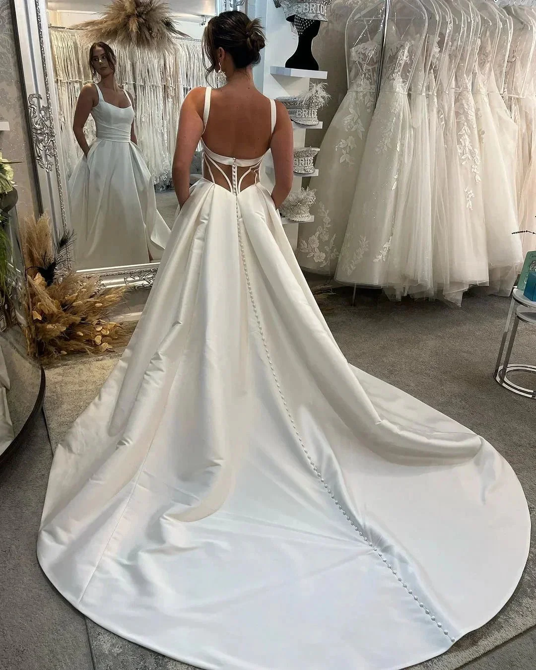 Elegant Long Ivory A-line Straps Satin Sleeveless Backless Wedding Dress With Slit - Image 3