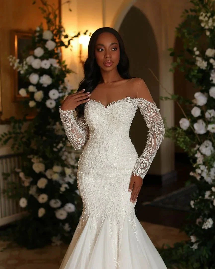 Elegant Long Ivory Mermaid Long Sleeves Lace Tulle Wedding Dress - Image 3