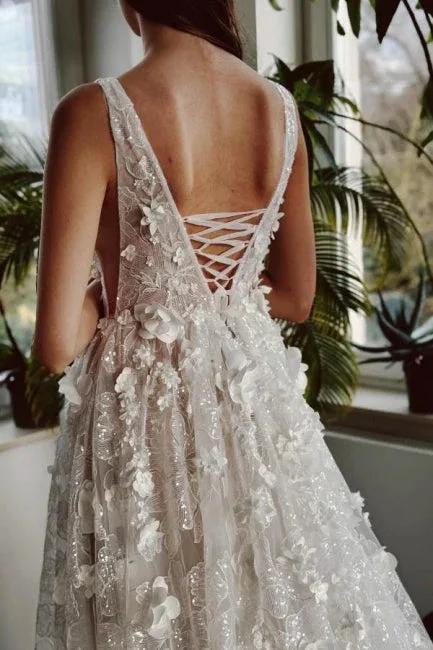 Elegant Long Ivory V-neck A-line Lace Wedding Dress With Glitter - Image 3