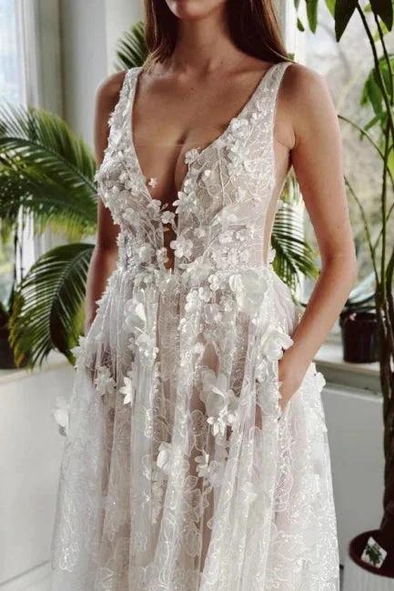Elegant Long Ivory V-neck A-line Lace Wedding Dress With Glitter - Image 4