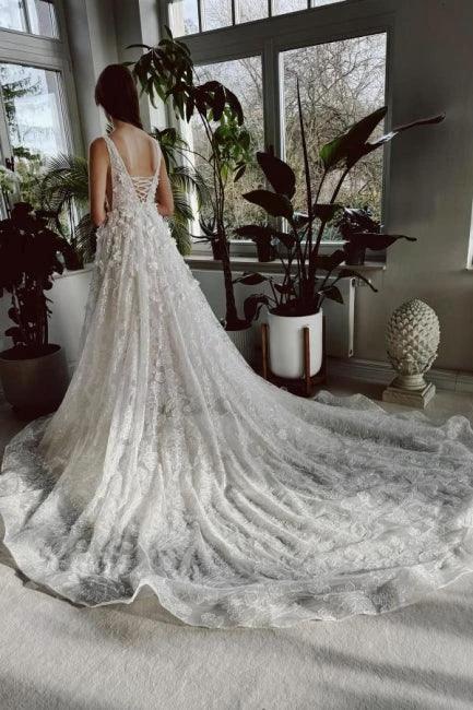 Elegant Long Ivory V-neck A-line Lace Wedding Dress With Glitter - Image 5