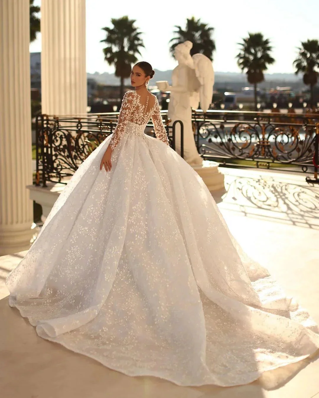 Elegant Long Ivory V-neck Ball Gown Lace Wedding Dress With Long Sleeves - Image 2