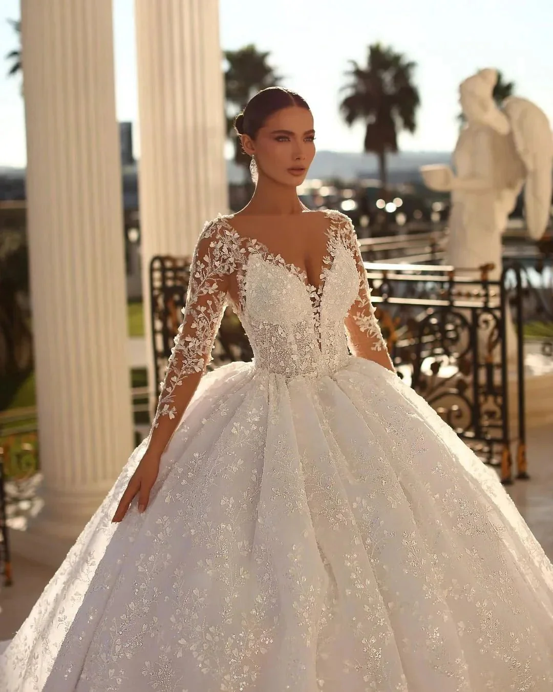 Elegant Long Ivory V-neck Ball Gown Lace Wedding Dress With Long Sleeves - Image 3