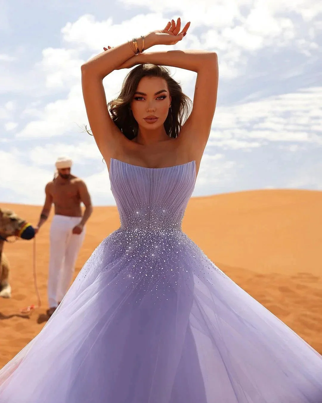 Elegant Long Lilac A-line Sleeveless Rhinestones Tulle Prom Dress - Image 2