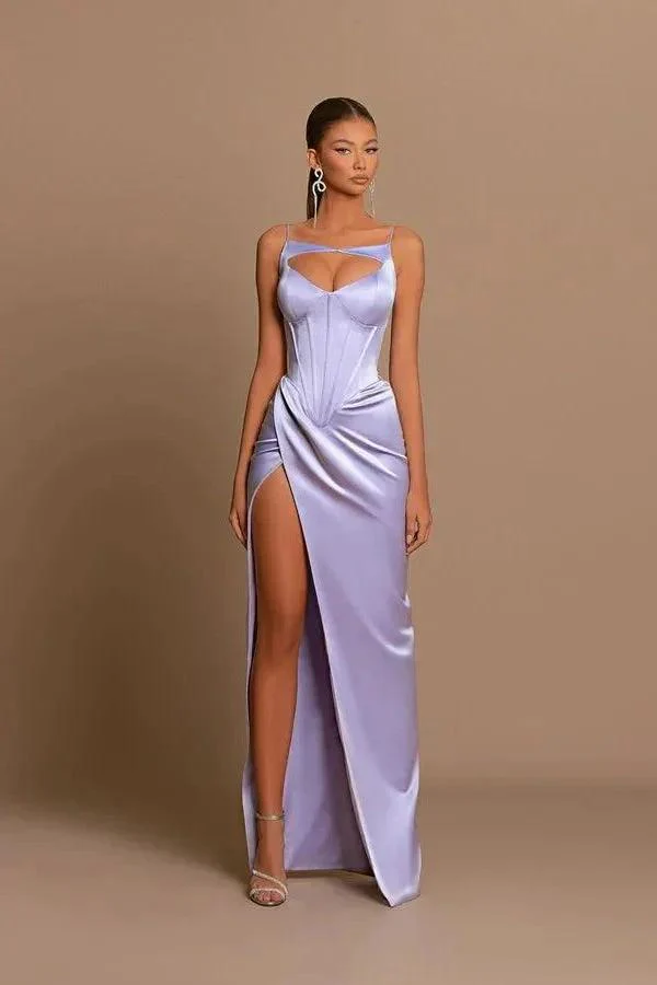 Elegant Long Lilac Spaghetti Straps Mermaid Sleeveless Prom Dress - Image 5