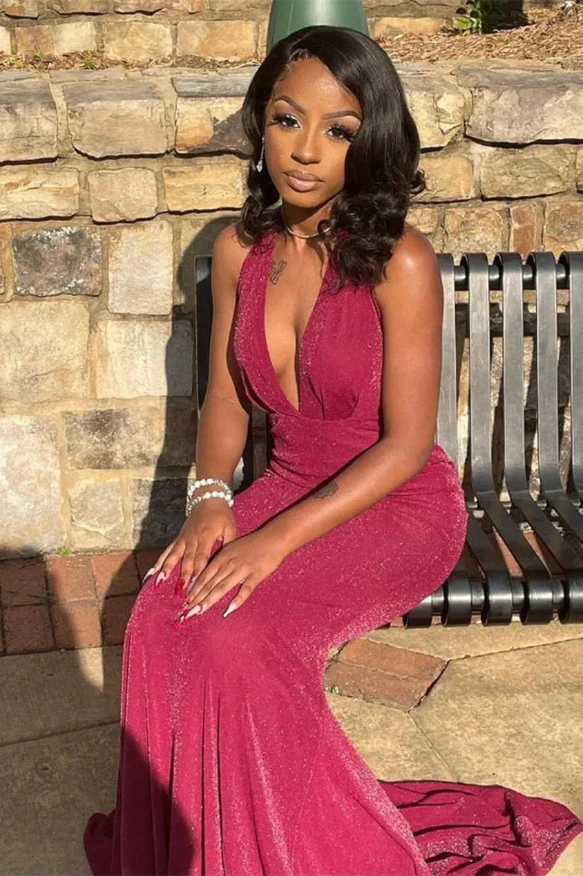 Elegant Long Mermaid Halter Sleeveless V-neck Prom Dress - Image 3