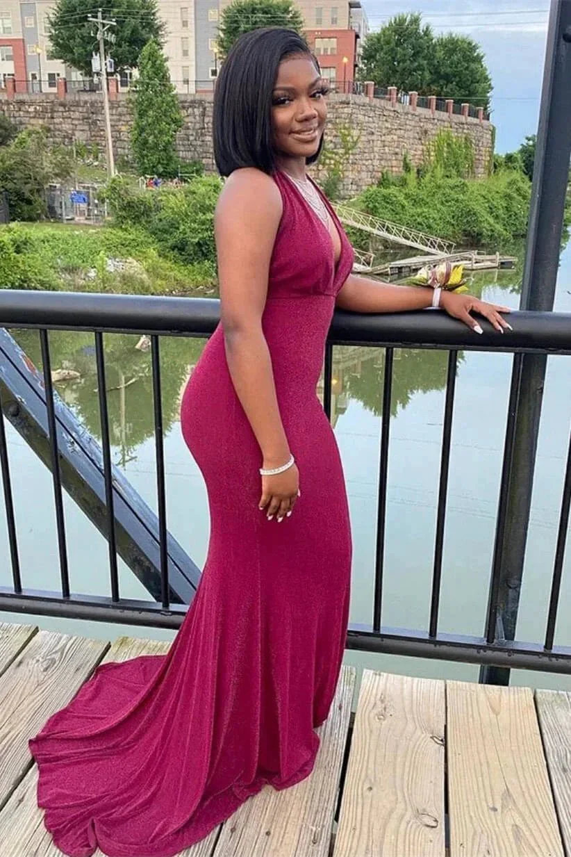 Elegant Long Mermaid Halter Sleeveless V-neck Prom Dress - Image 4