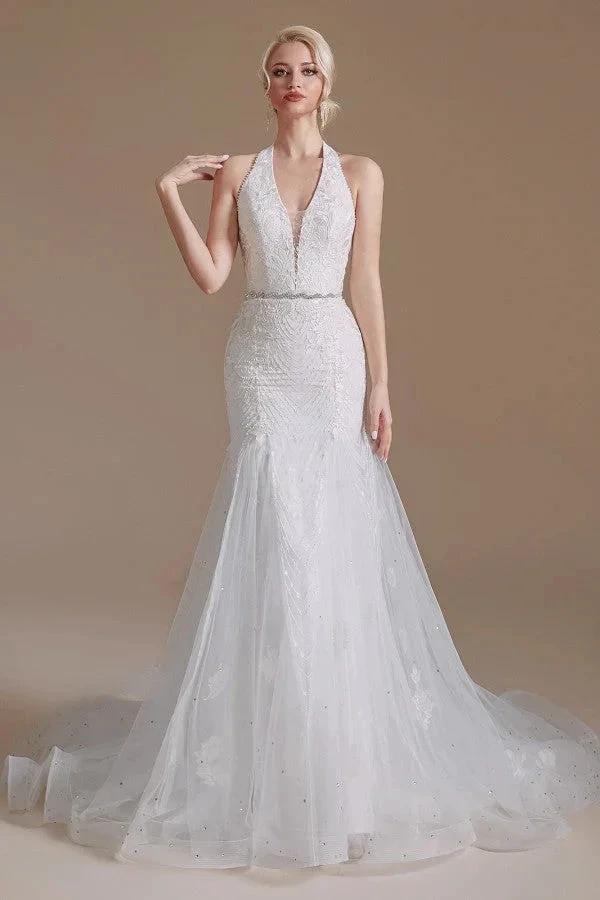 Elegant Long Mermaid Halter Tulle Floor-Length Wedding Dress with Appliques Lace - Image 2