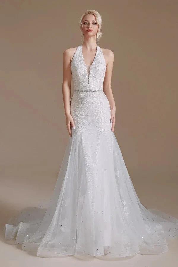 Elegant Long Mermaid Halter Tulle Floor-Length Wedding Dress with Appliques Lace - Image 3