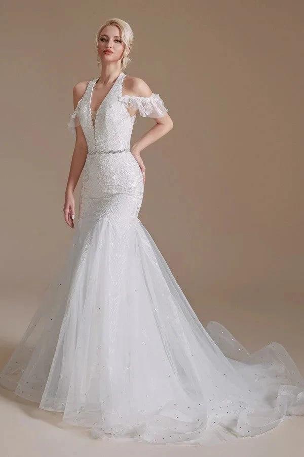 Elegant Long Mermaid Halter Tulle Floor-Length Wedding Dress with Appliques Lace - Image 4