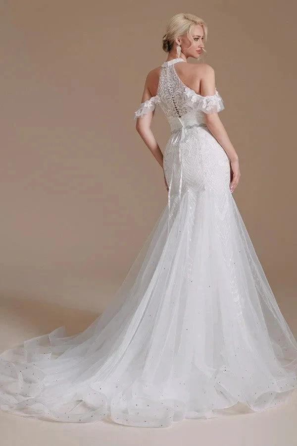 Elegant Long Mermaid Halter Tulle Floor-Length Wedding Dress with Appliques Lace - Image 6