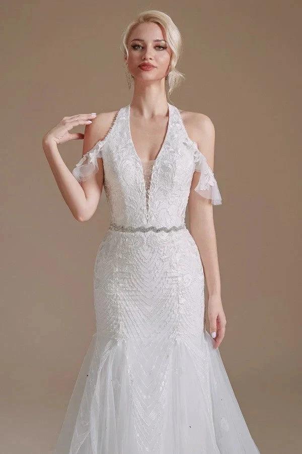 Elegant Long Mermaid Halter Tulle Floor-Length Wedding Dress with Appliques Lace - Image 7
