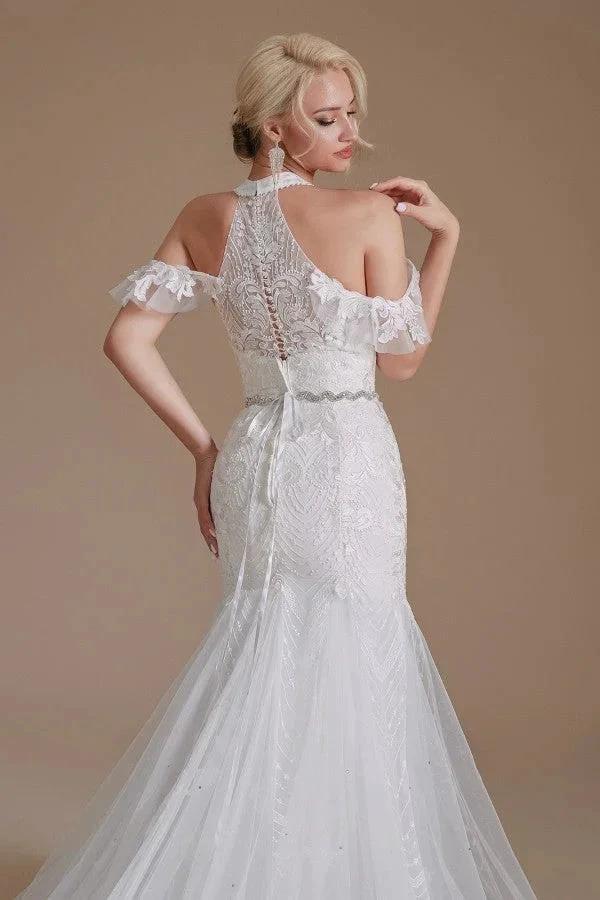 Elegant Long Mermaid Halter Tulle Floor-Length Wedding Dress with Appliques Lace - Image 8