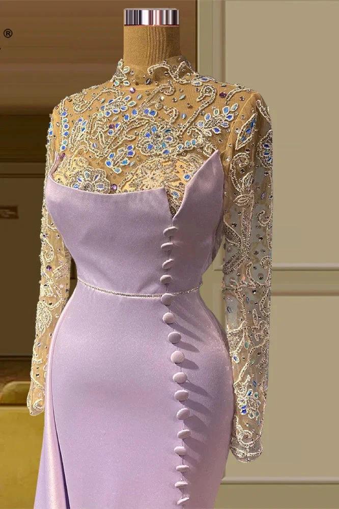 Elegant Long Mermaid High Neck Lace Beading Prom Dress With Long Sleeves - Image 2