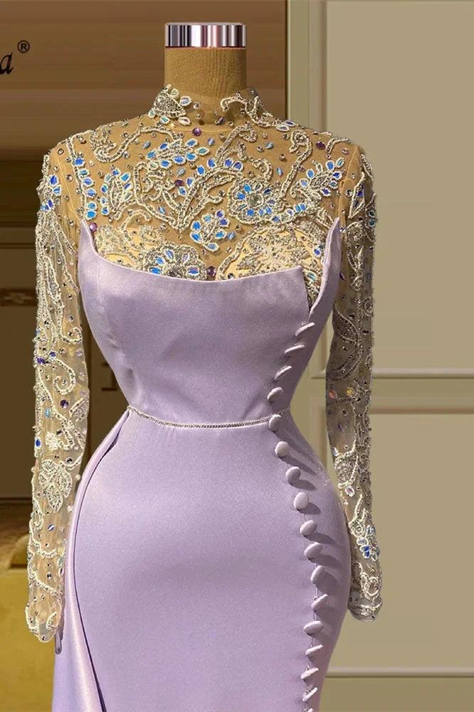 Elegant Long Mermaid High Neck Lace Beading Prom Dress With Long Sleeves - Image 3