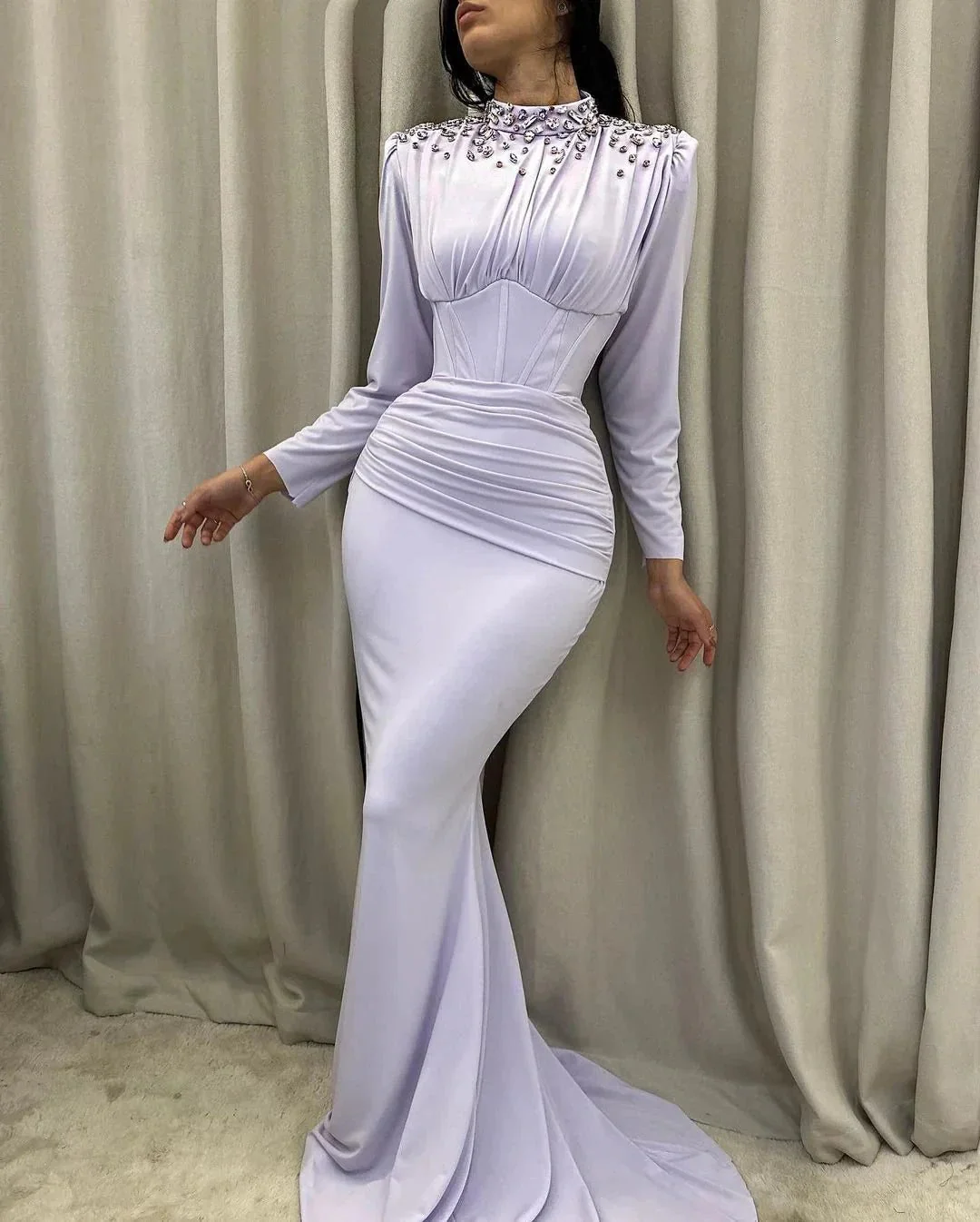 Elegant Long Mermaid High Neck Satin Crystal Prom Dress With Long Sleeves - Image 3