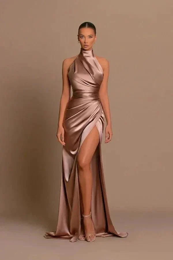 Elegant Long Mermaid High Neck Satin Formal Prom Dress With Slit - Image 3
