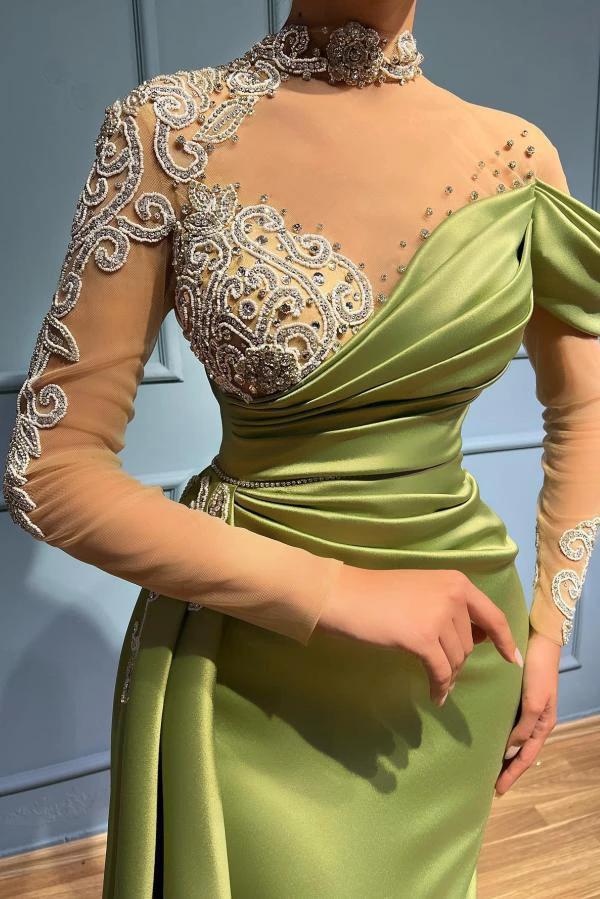 Elegant Long Mermaid High Neck Satin Lace Prom Dresses with Sleeves - Image 2