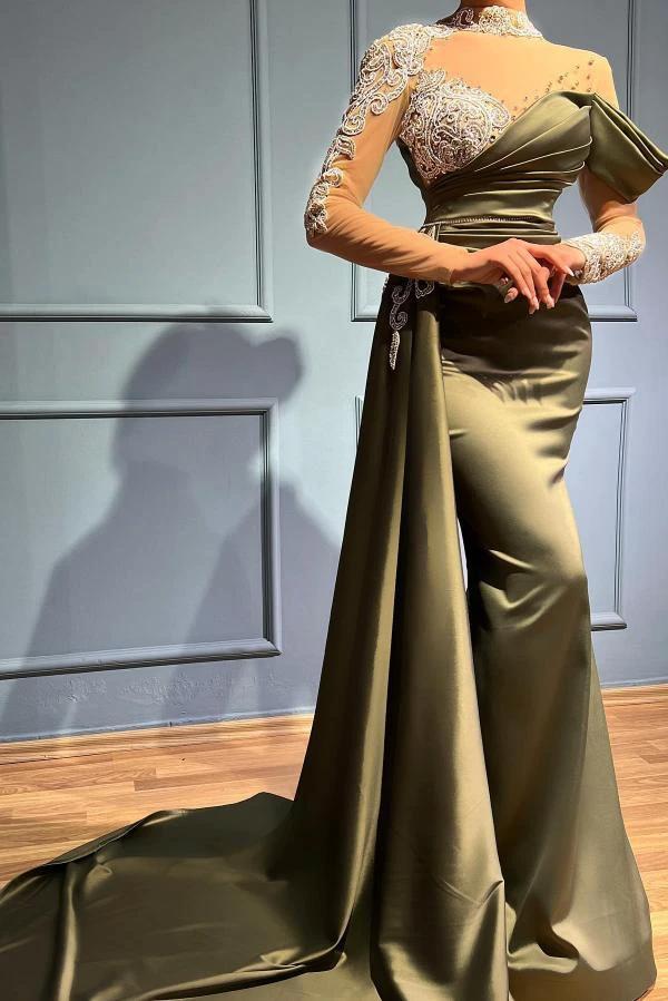 Elegant Long Mermaid High Neck Satin Lace Prom Dresses with Sleeves - Image 3
