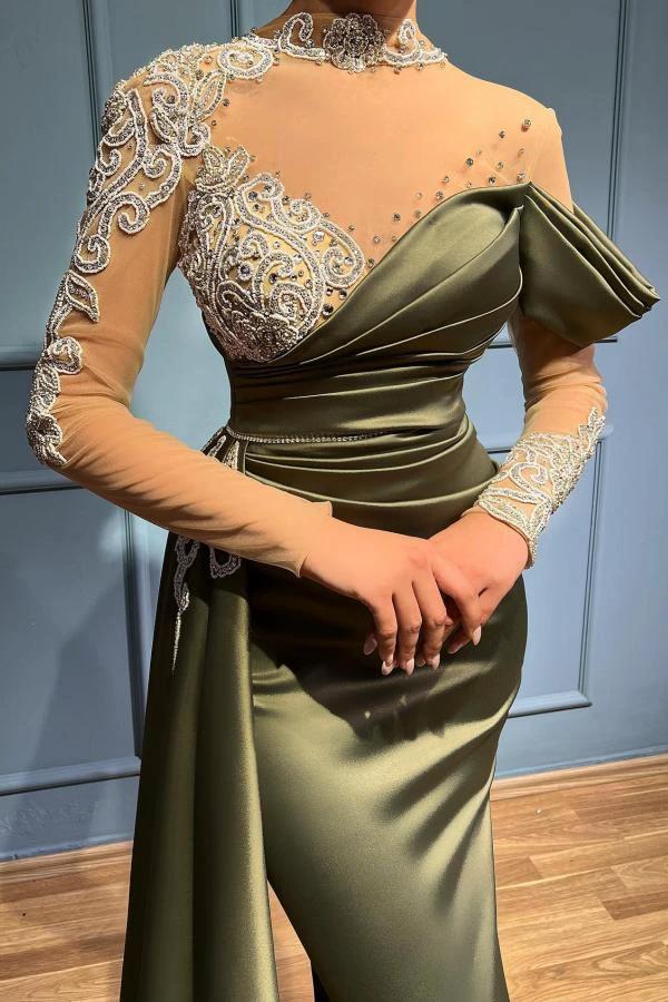 Elegant Long Mermaid High Neck Satin Lace Prom Dresses with Sleeves - Image 4