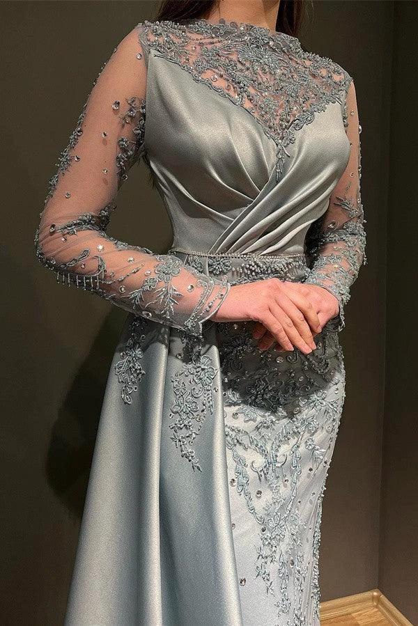 Elegant Long Mermaid Jewel Satin Appliques Lace Beading Prom Dress with Sleeves - Image 2