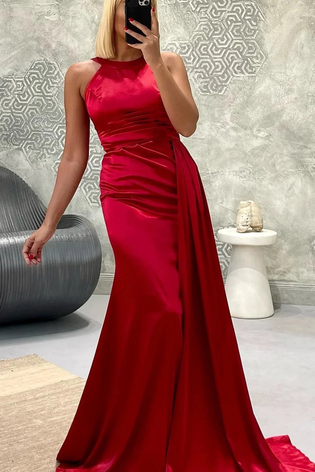 Elegant Long Mermaid Jewel Satin Formal Prom Dress - Image 2