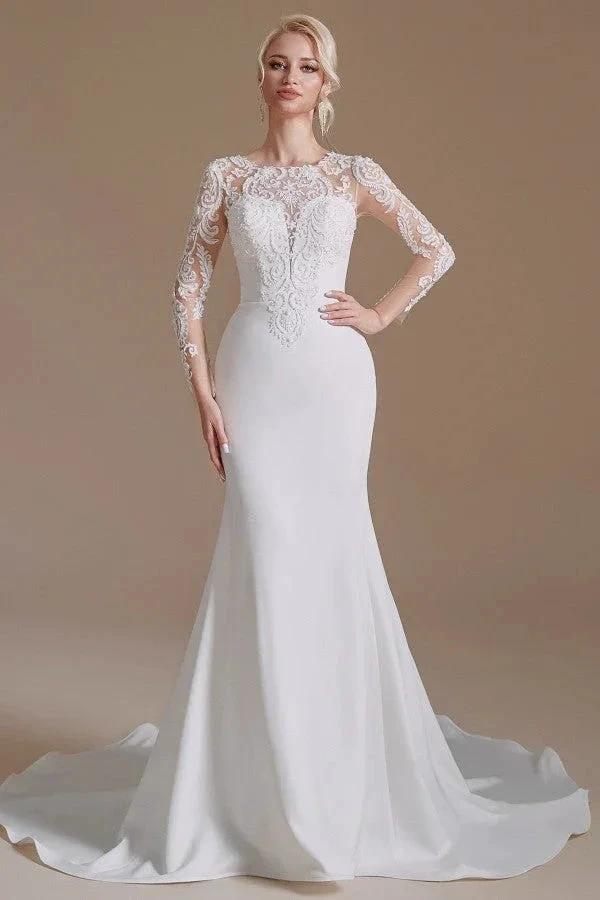 Elegant Long Mermaid Jewel Satin Lace Wedding Dress with Sleeves - Image 2