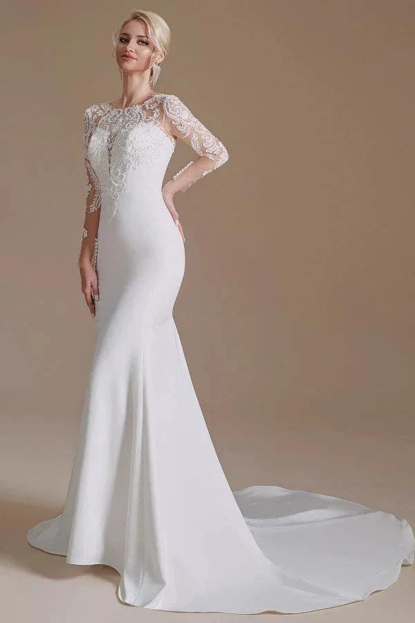 Elegant Long Mermaid Jewel Satin Lace Wedding Dress with Sleeves - Image 3