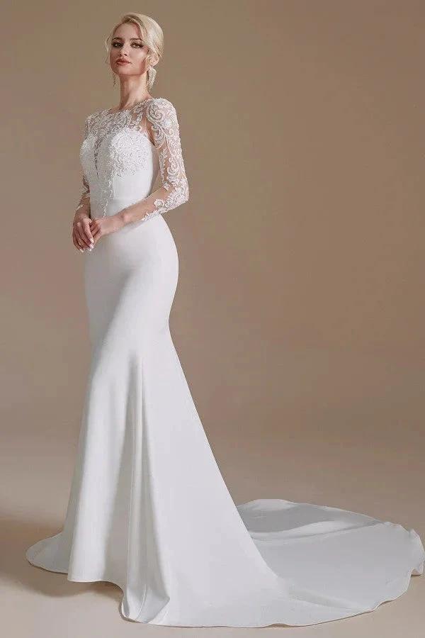 Elegant Long Mermaid Jewel Satin Lace Wedding Dress with Sleeves - Image 4