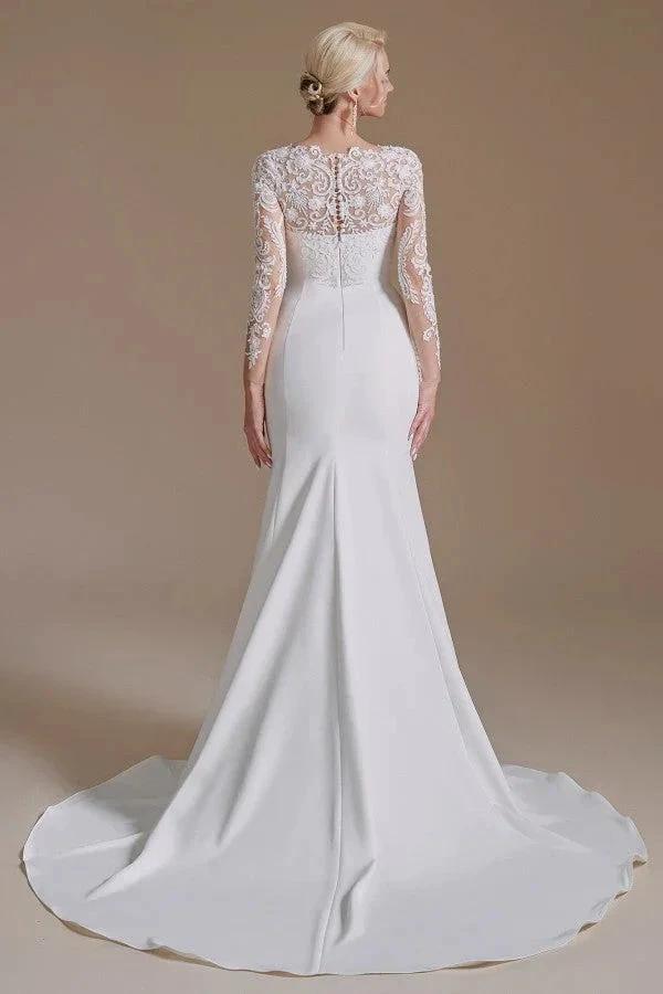 Elegant Long Mermaid Jewel Satin Lace Wedding Dress with Sleeves - Image 6