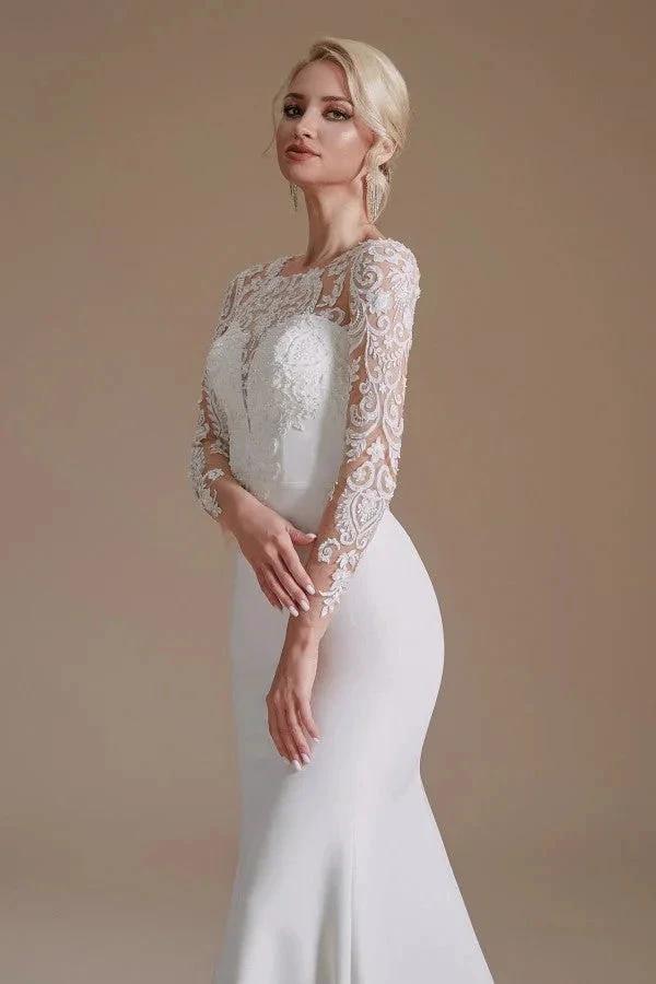 Elegant Long Mermaid Jewel Satin Lace Wedding Dress with Sleeves - Image 7