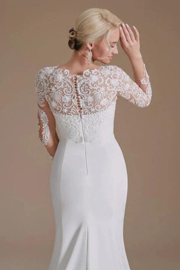 Elegant Long Mermaid Jewel Satin Lace Wedding Dress with Sleeves - Image 8