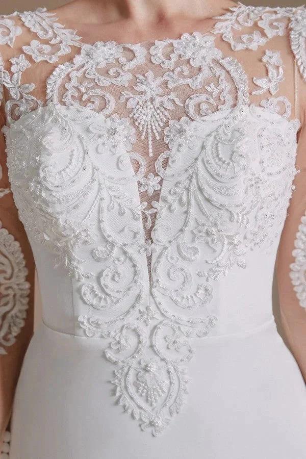 Elegant Long Mermaid Jewel Satin Lace Wedding Dress with Sleeves - Image 9