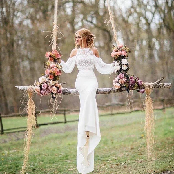 Elegant Long Mermaid Lace Chiffon Wedding Dress with Sleeves - Image 2