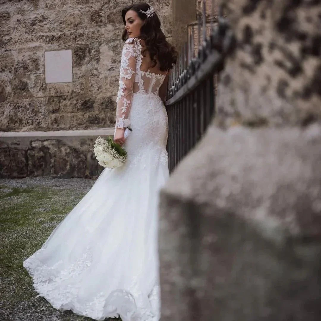 Elegant Long Mermaid Lace Open Back Wedding dresses with Sleeves - Image 3