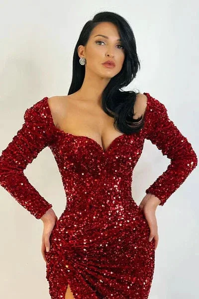 Elegant Long Mermaid Long Sleeves Sequined Prom Dress With Slit - Image 2