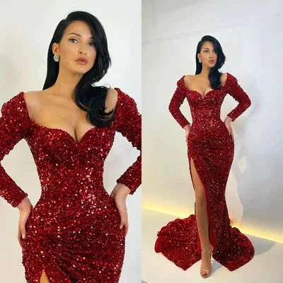 Elegant Long Mermaid Long Sleeves Sequined Prom Dress With Slit - Image 7