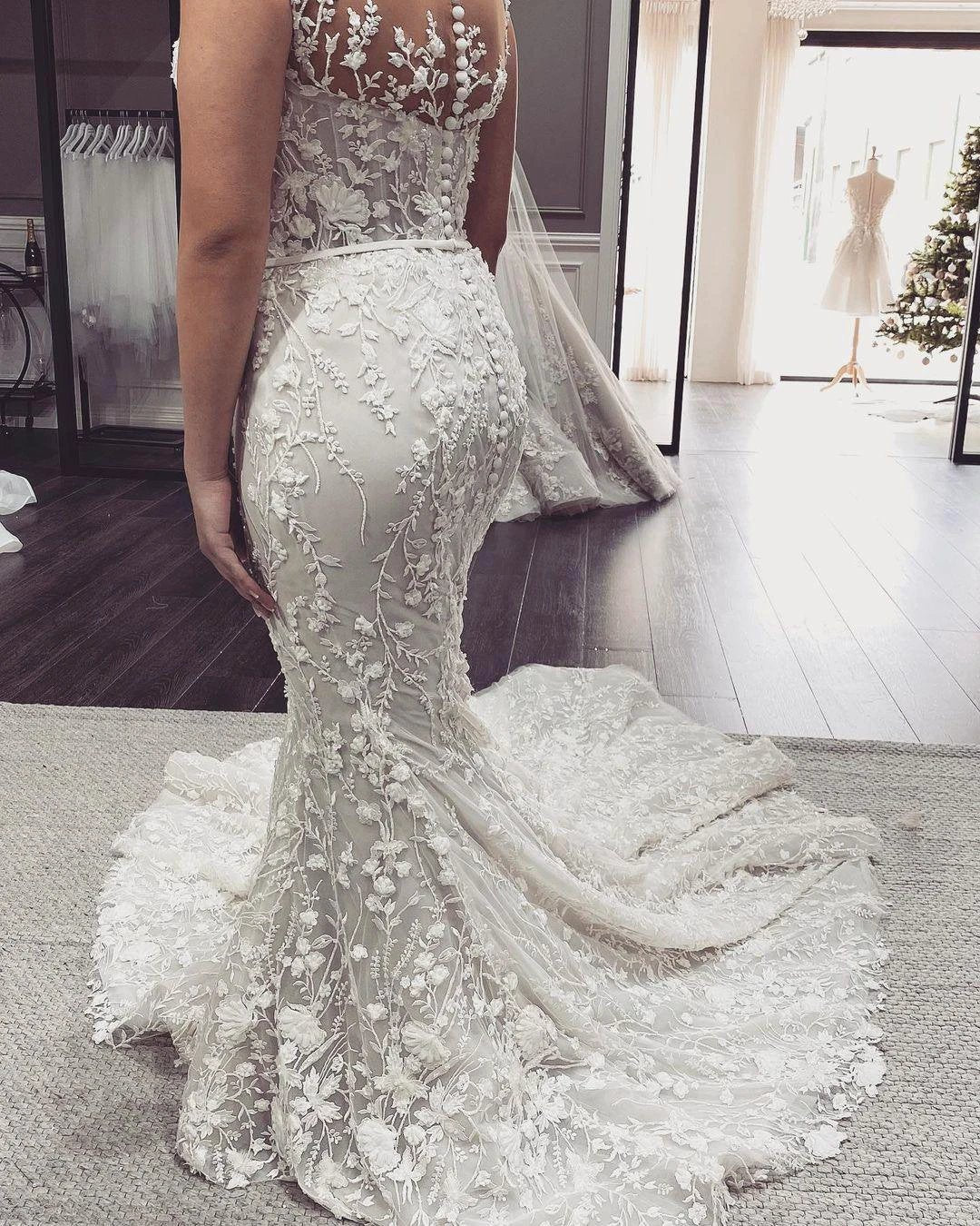 Elegant Long Mermaid Off-the-Shoulder Appliques Lace Backless Wedding Dress - Image 2