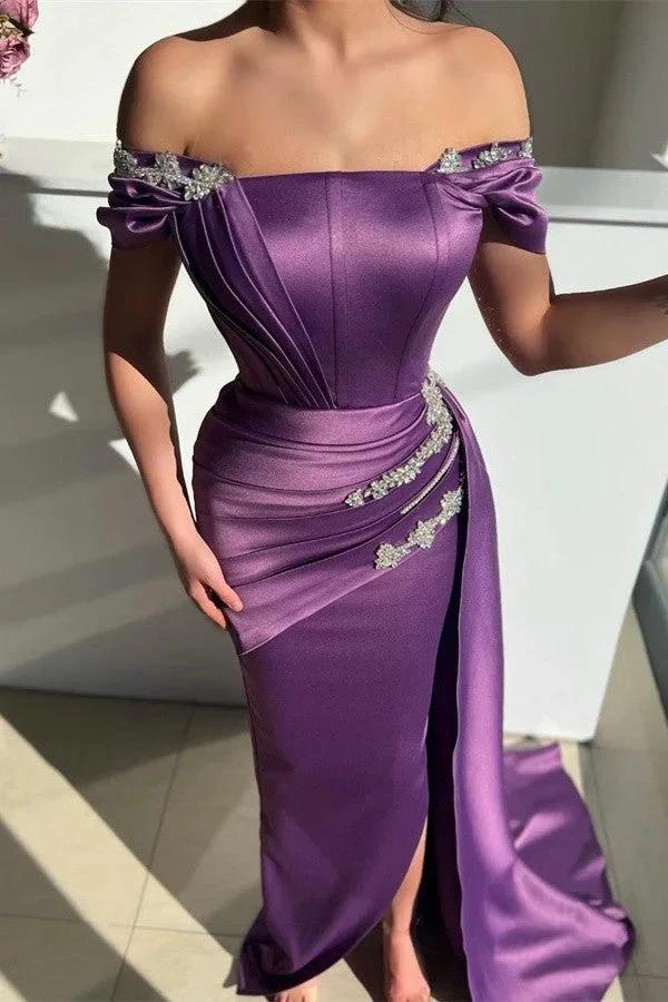 Elegant Long Mermaid Off the Shoulder Satin Beading Prom Dress with slit - Image 2