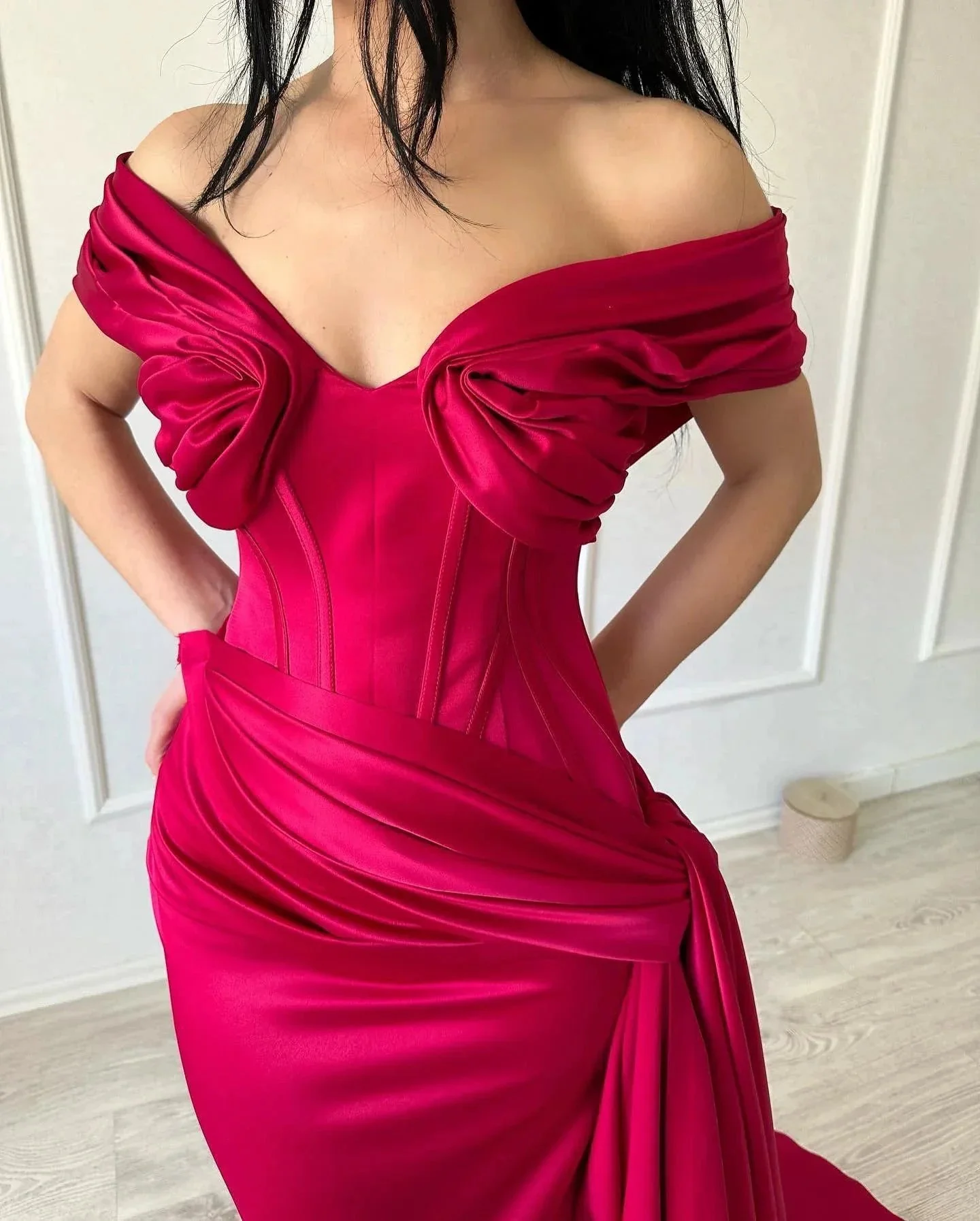 Elegant Long Mermaid Off-the-shoulder Sleeveless V-neck Satin Fuchsia Prom Dress - Image 2