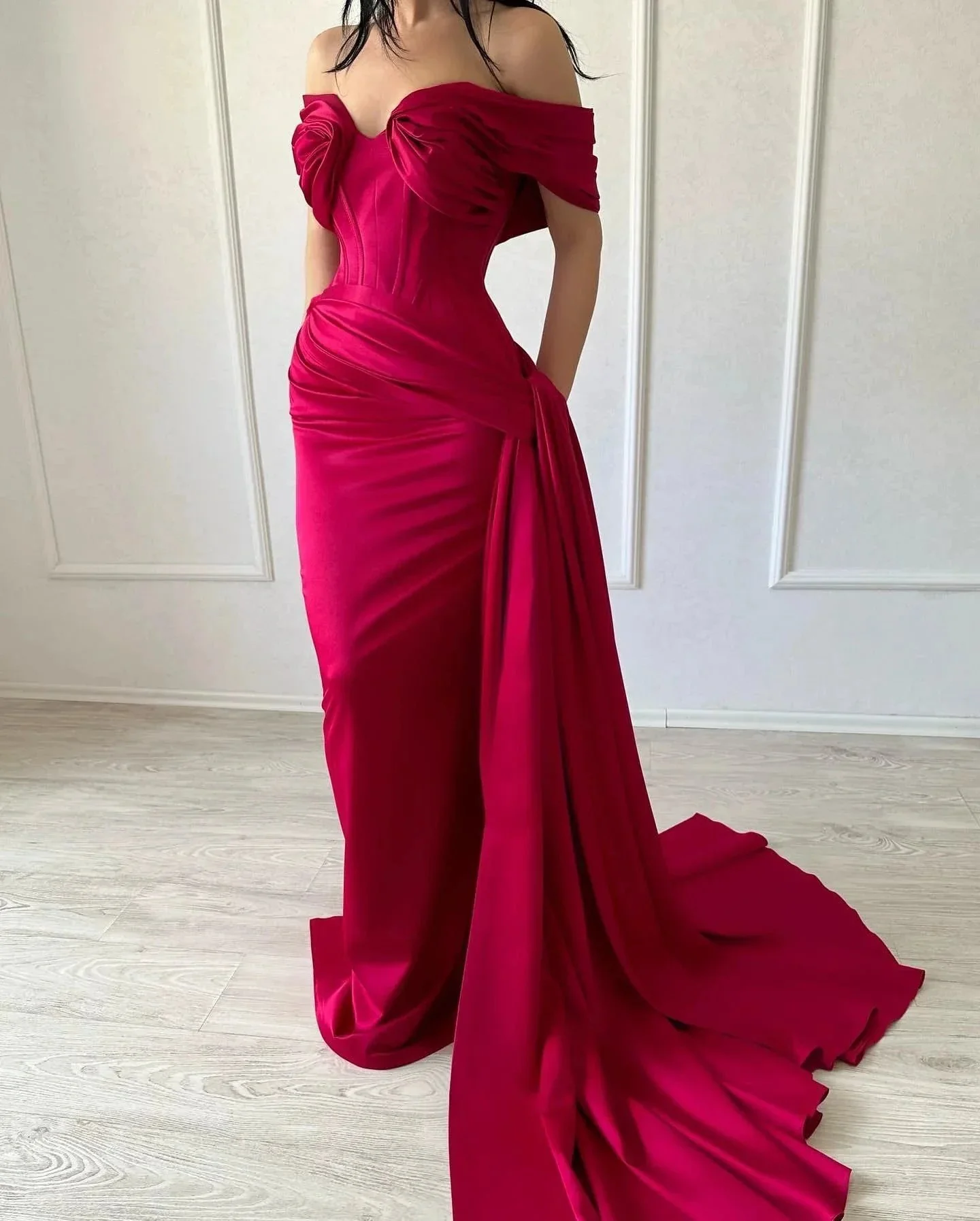 Elegant Long Mermaid Off-the-shoulder Sleeveless V-neck Satin Fuchsia Prom Dress - Image 3