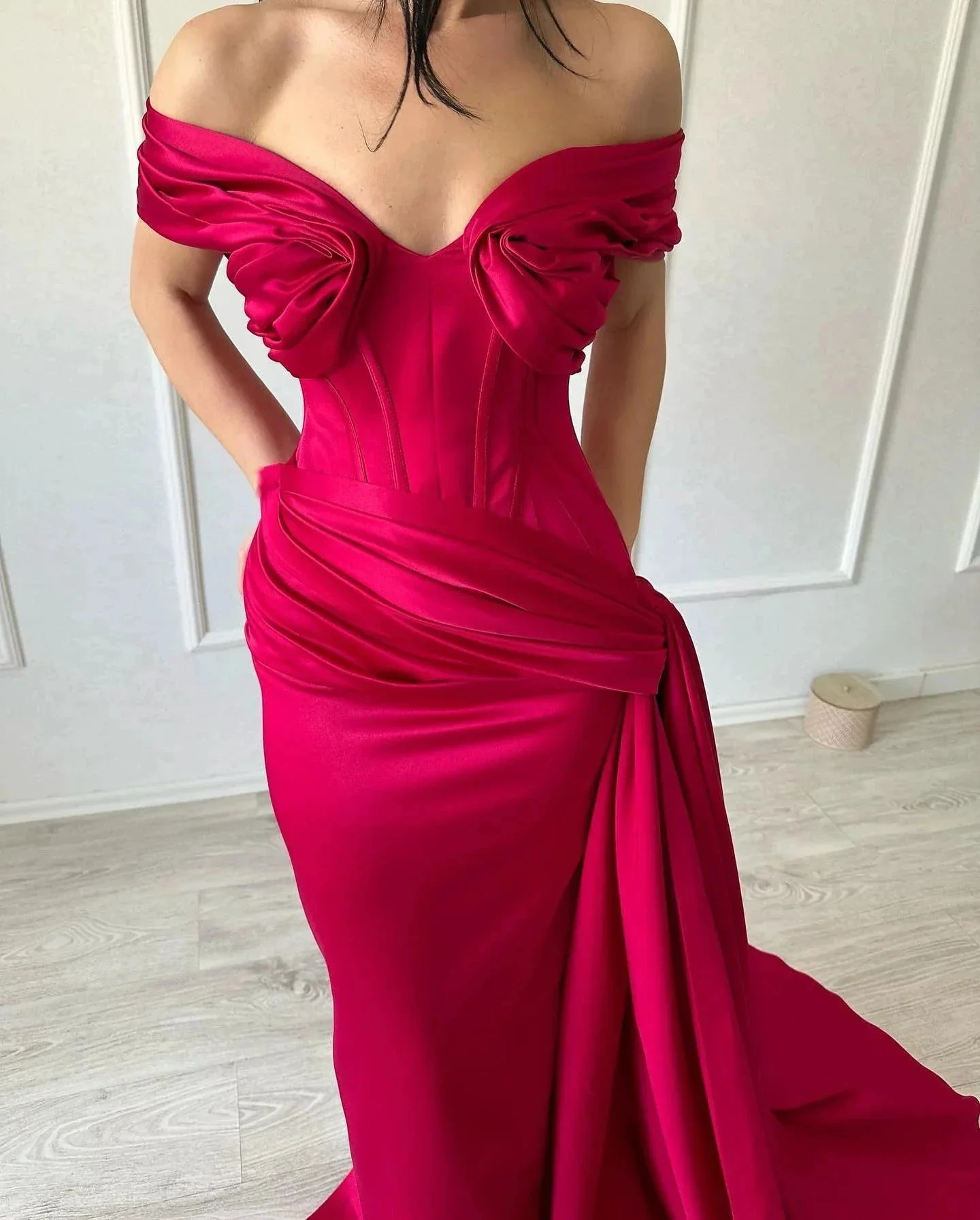 Elegant Long Mermaid Off-the-shoulder Sleeveless V-neck Satin Fuchsia Prom Dress - Image 4