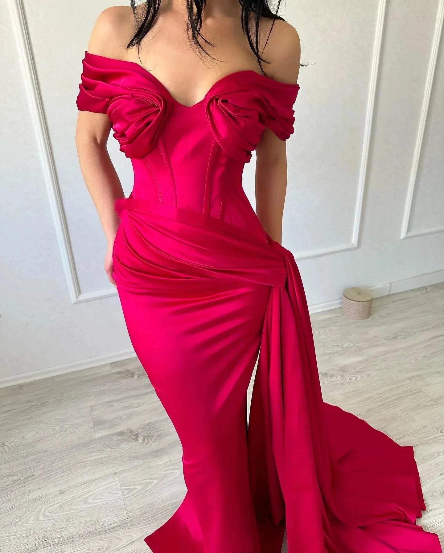 Elegant Long Mermaid Off-the-shoulder Sleeveless V-neck Satin Fuchsia Prom Dress - Image 5