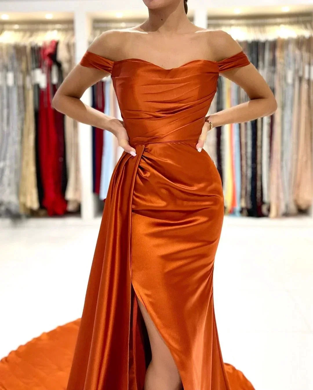 Elegant Long Mermaid Off-the-shoulder Stretch Satin Prom Dress with Slit - Image 5