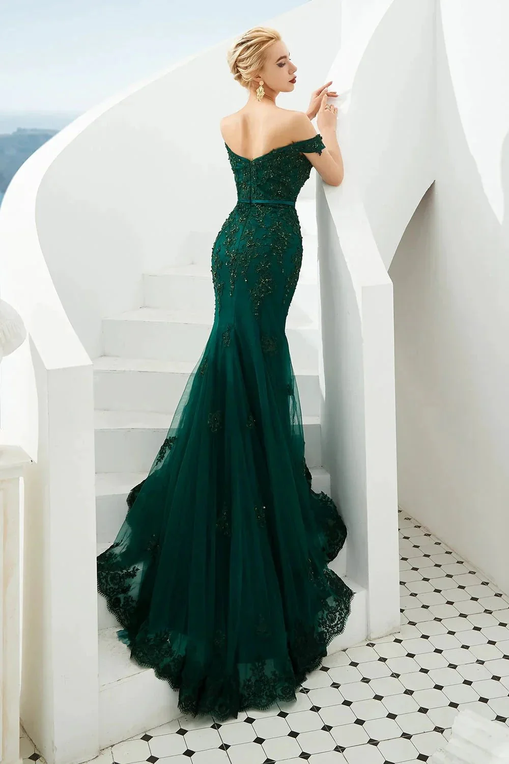 Elegant Long Mermaid Off-the-shoulder Tulle Lace Prom Dress - Image 3