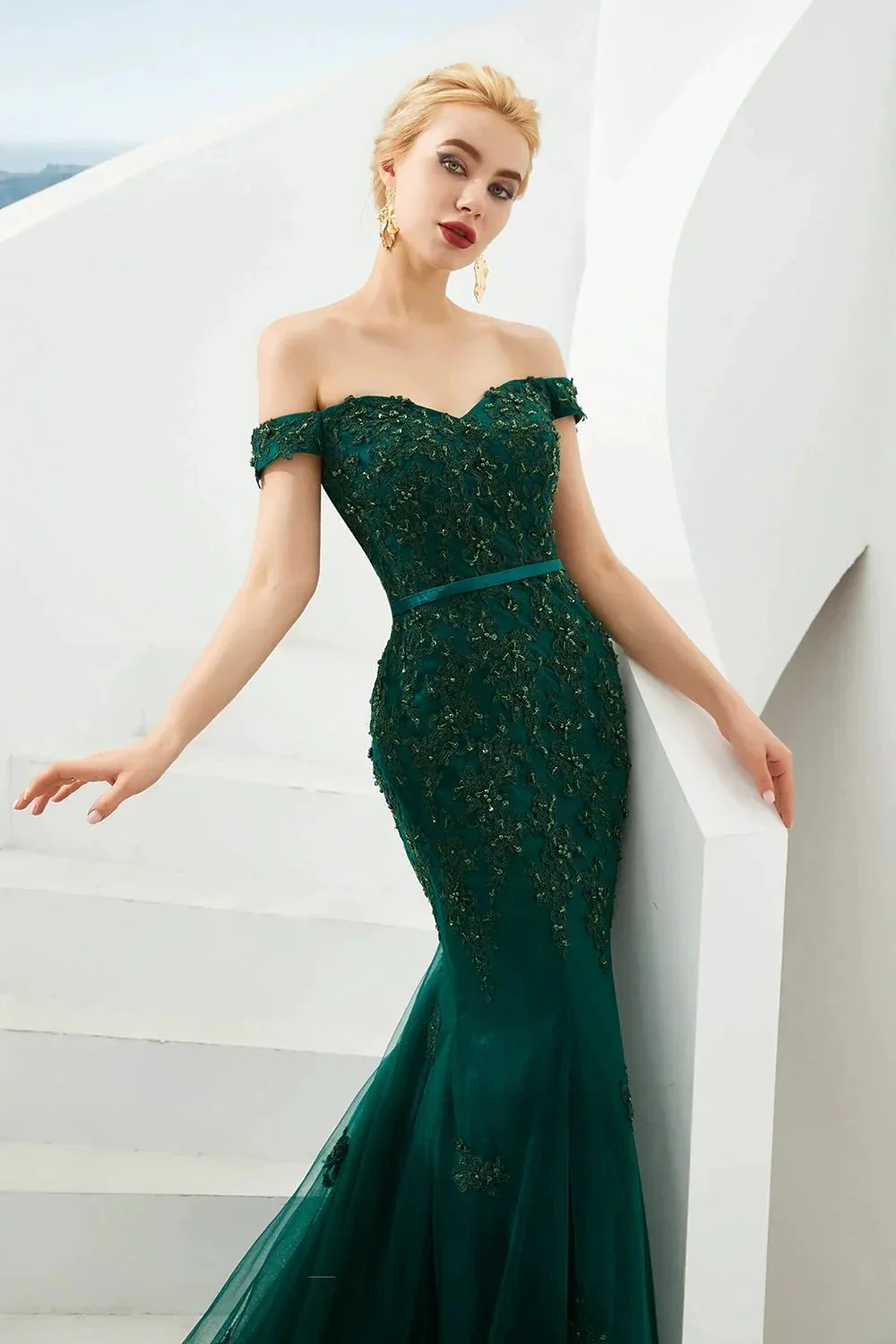 Elegant Long Mermaid Off-the-shoulder Tulle Lace Prom Dress - Image 4