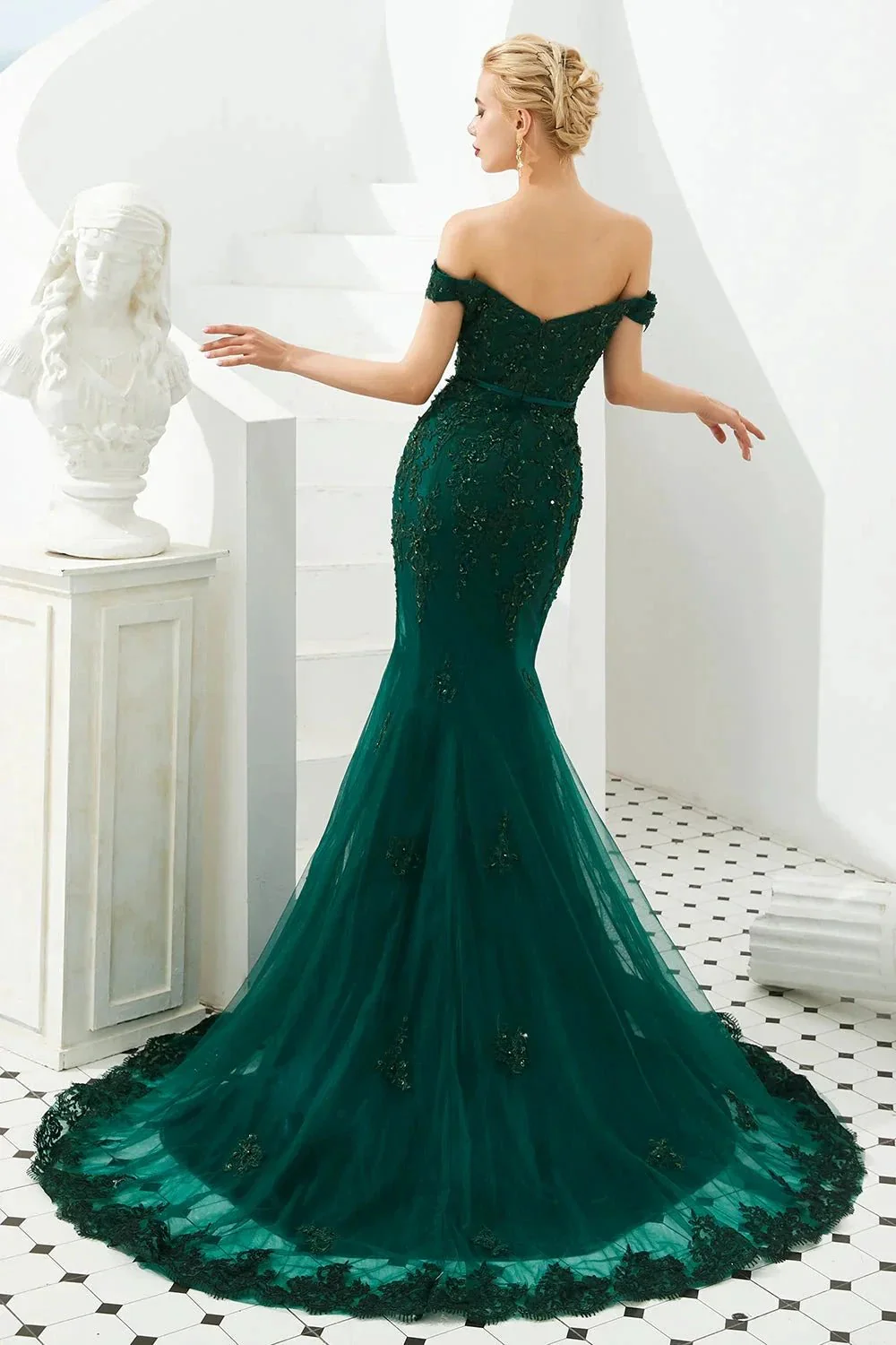 Elegant Long Mermaid Off-the-shoulder Tulle Lace Prom Dress - Image 5