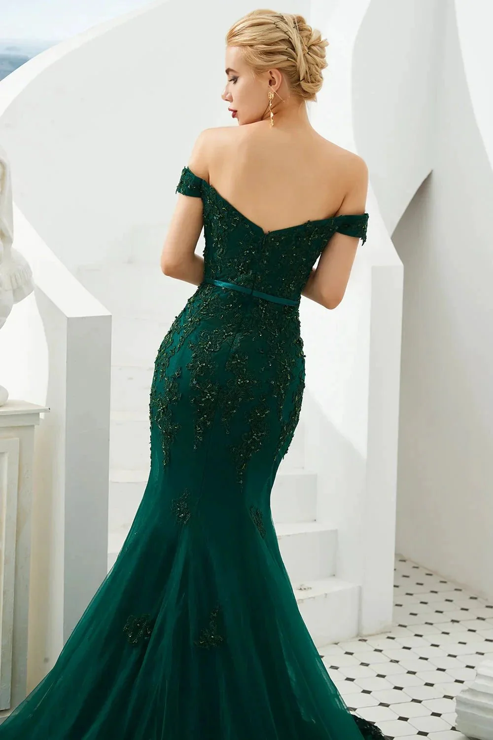 Elegant Long Mermaid Off-the-shoulder Tulle Lace Prom Dress - Image 6