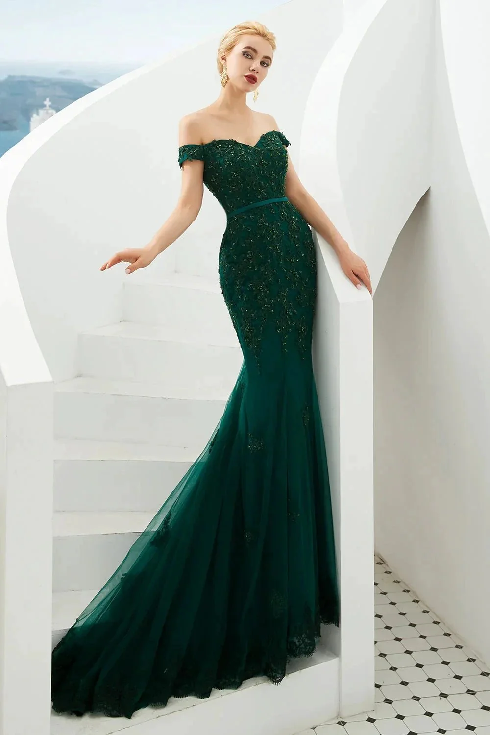 Elegant Long Mermaid Off-the-shoulder Tulle Lace Prom Dress - Image 8