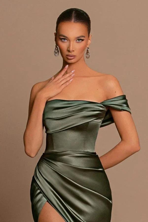 Elegant Long Mermaid One Shoulder Satin Formal Prom Dresses with Slit - Image 3